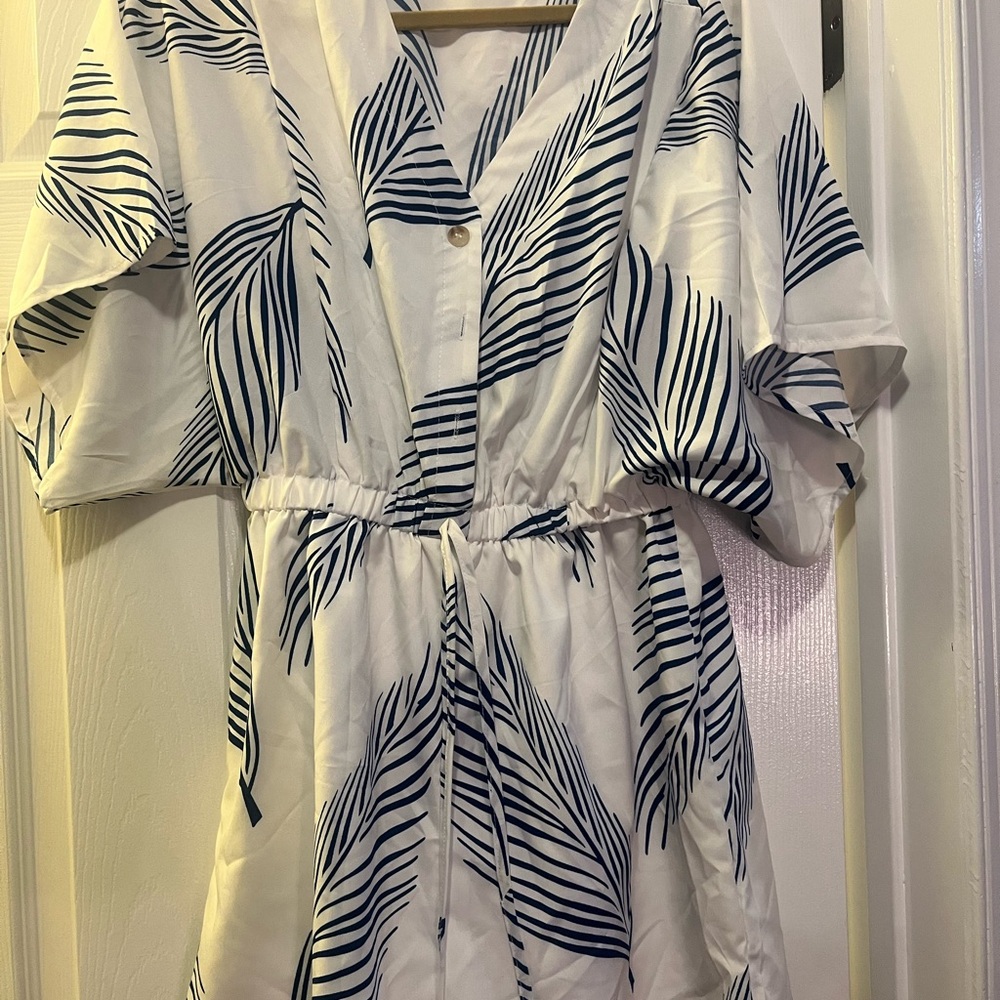 Chic White Dress with Navy Leaf Pattern NWOT